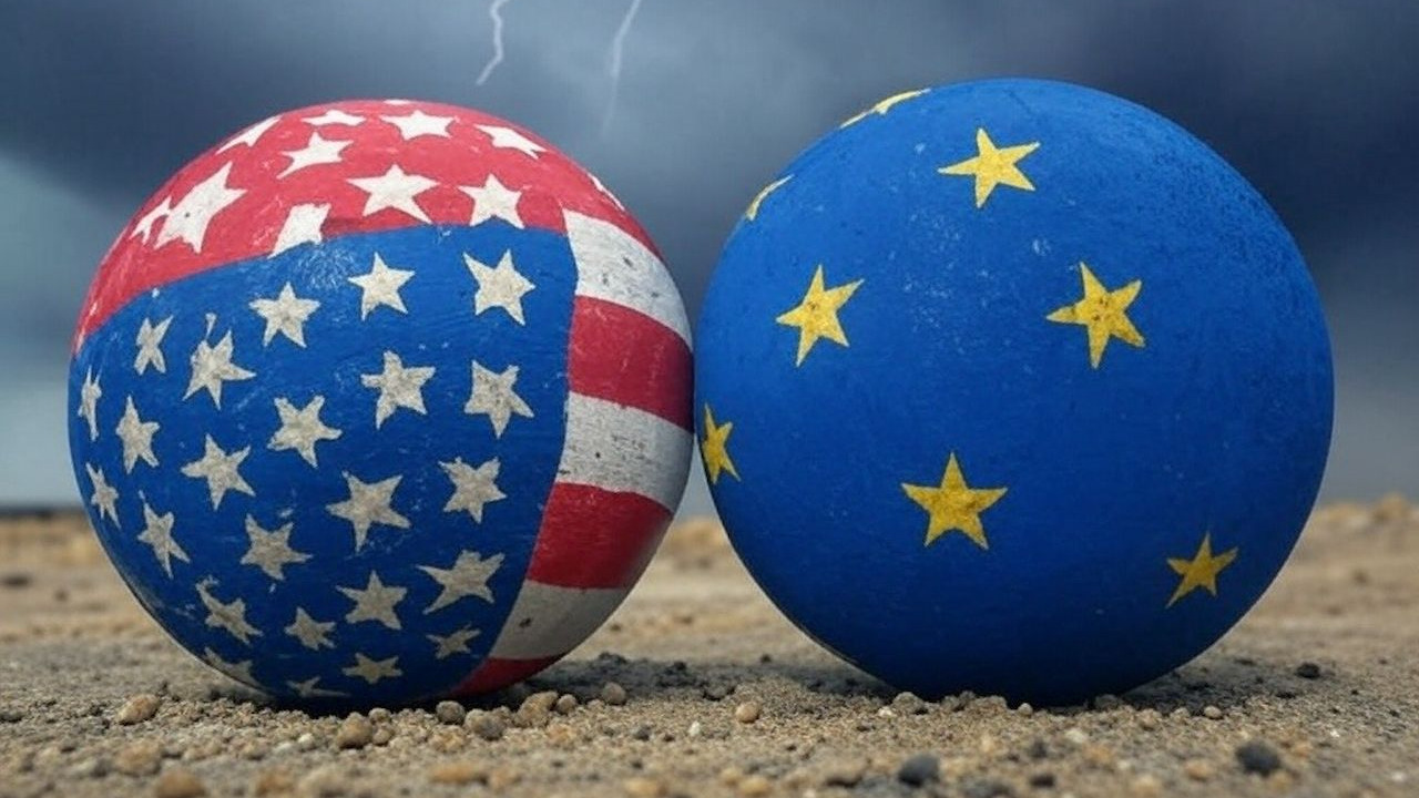 Two spherical objects painted with EU and USA flag designs, resting on sand with a dark stormy cloud background and lightning, symbolizing potential EU-US trade conflict.